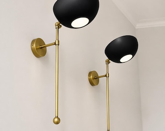 Aplique de pared de latón blanco y negro, lámpara de pared de mediados de siglo, luz de pared ajustable, luminaria minimalista dorada, iluminación para mesita de noche de dormitorio.