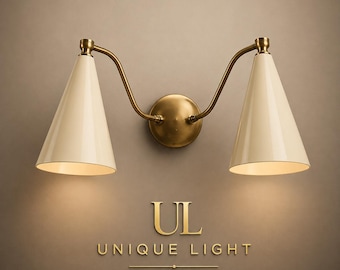 Modern Brass Double Wall Sconce | Mid Century Vanity Light Fixture | Dual Cone Wall Lamp | Bathroom Bedroom Wall designer light decor