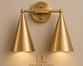 Modern Double Brass Wall Sconce | Gold Cone Wall Light Fixture | Dual Shade Vanity Light Bathroom & Bedroom Decor Mid Century Wall Lamp