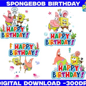 Op de afbeelding: Een digitale download met vier kleurrijke "Happy Birthday!" ontwerpen met SpongeBob SquarePants-personages. De ontwerpen bevatten SpongeBob, Patrick, Octo en Gary, met onderwaterthema-elementen. De tekst "SPONGEBOB BIRTHDAY" staat bovenaan.