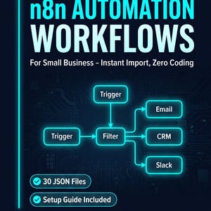 May include: A dark blue graphic with the text "30 READY-TO-IMPORT n8n AUTOMATION WORKFLOWS" and workflow diagrams. Includes "30 JSON Files" and "Setup Guide Included". The bottom text reads "By Montius AI Hub".