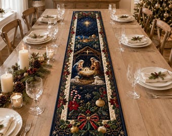 Quilt Table Runner, Nativity Christmas Runner, Holy Family Quilted Holiday Table Decor