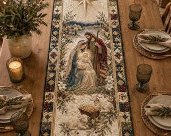 Quilt Table Runner, Nativity Christmas Runner, Holy Family Quilted Holiday Table Decor