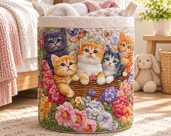 Quilt Laundry Basket, Cute Kitten Floral Hamper, Quilted Storage Bin, Cat Lover Gift
