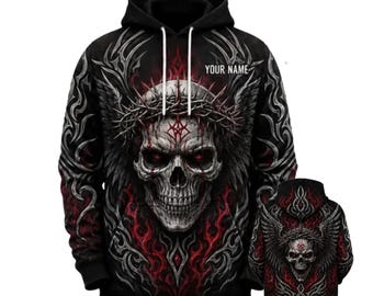 Winged Skull Gothic Hoodie, Custom Name Dark Fantasy Horror Midweight Hoodie Gift