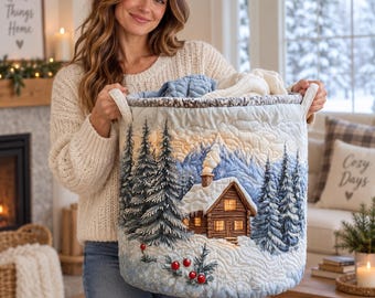 Quilt Laundry Basket, Winter Cabin Hamper, Quilted Storage Bin, Christmas Home Decor