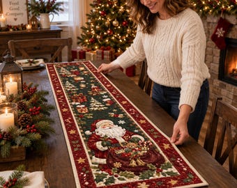 Quilt Table Runner, Christmas Santa Quilted Table Decor, Holiday Farmhouse Runner