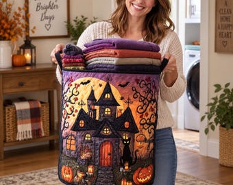 Quilt Laundry Basket, Haunted House Halloween Hamper, Quilted Storage Bin, Spooky Decor