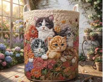 Quilt Laundry Basket, Cute Kitten Floral Hamper, Quilted Storage Bin, Cat Lover Gift