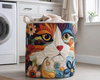 Quilt Laundry Basket, Colorful Cat Hamper, Quilted Storage Bin, Cat Lover Home Decor