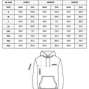 May include: A sizing chart for an all over print hoodie, featuring a table with US sizes from S to 5XL, including chest, length, and sleeve measurements in inches and cm, alongside a line drawing of a hoodie with labels for chest, length, and sleeves.