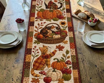 3D Quilt Table Runner, Fall Cat Pumpkin Patchwork, Autumn Farmhouse Table Decor Gift