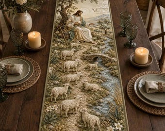 3D Quilt Table Runner, Jesus Good Shepherd Lambs, Christian Farmhouse Table Decor Gift