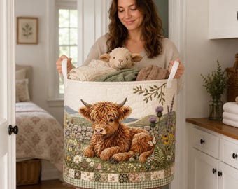 Quilt Laundry Basket, Highland Cow Hamper, Farmhouse Quilted Storage Bin, Cow Decor