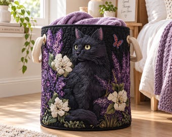Quilt Laundry Basket, Black Cat Starry Night Hamper, Quilted Floral Storage Bin Decor