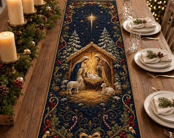 Quilt Table Runner, Nativity Christmas Runner, Holy Family Quilted Holiday Table Decor