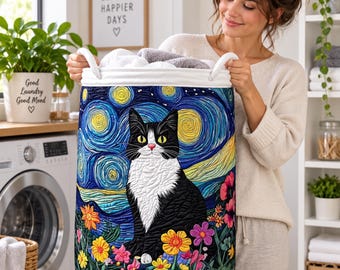 Quilt Laundry Basket, Black Cat Starry Night Hamper, Quilted Floral Storage Bin Decor