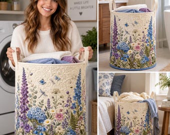 Quilt Laundry Basket, Wildflower Floral Hamper, Quilted Storage Bin, Cottage Decor
