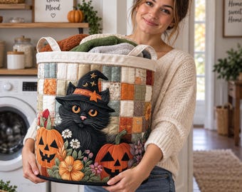 Quilt Laundry Basket, Halloween Cat Hamper, Pumpkin Quilted Storage Bin, Witch Home Decor