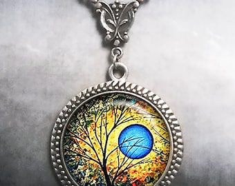 Summer Blue Moon Art Nouveau necklace, tree art jewelry full moon jewelry blue moon art necklace G150