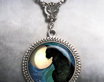 Black Cat Moon Art Nouveau necklace, cat jewelry, cat necklace cat and full moon jewelry Halloween jewelry witch's cat necklace G180