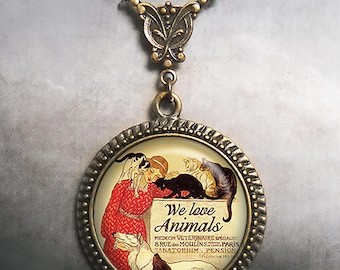 We love Animals Art Nouveau necklace, Theophile Steinlen altered art necklace animal lover gift veterinarian gift animal rescue gift