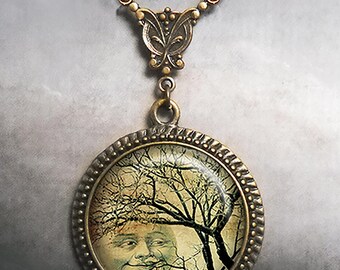 Winter Moon Art Nouveau necklace, winter tree and moon necklace smiling moon and tree necklace winter jewelry nature gift G238