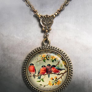 Art Nouveau Robin Redbreasts necklace, robin jewelry vintage robin artwork, bird watcher gift nature lover gift gift for her Spring robins