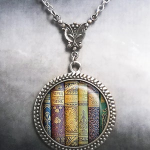 Shabby Books necklace, Art Nouveau book necklace vintage book jewelry book lover gift librarian teacher gift book club gift G53