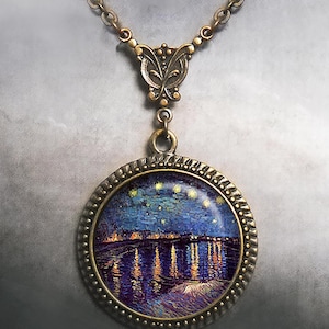 Van Gogh&#39;s Starry Night over the Rhone art necklace, Art Nouveau pendant necklace, Van Gogh art jewelry G309