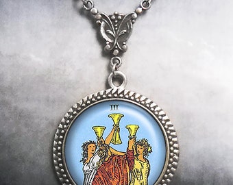 Tarot Three of Cups Art Nouveau necklace, friendship jewelry sisters pendant gift for friend or sister, Tarot jewelry symbolic jewelry