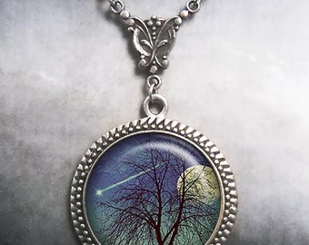 Collar Art Nouveau Wish Upon a Star, joyería con forma de luna y estrella fugaz, regalo de estrella fugaz, regalo de astrónomo, joyería celestial G154