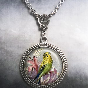 Vintage Parakeet art necklace, Art Nouveau necklace, parakeet jewelry parrot pendant gift for nature lover bird lover G87