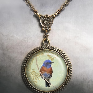 Bluebird Art Nouveau necklace, vintage bluebird artwork bluebird art jewelry bird lover gift bird watcher gift Bluebird of Happiness