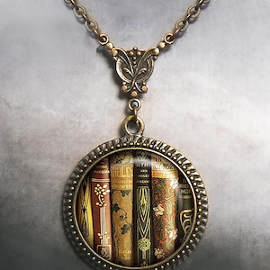 Antique Books necklace, Art Nouveau necklace old books bookshelf book jewelry book lover gift librarian gift teacher gift book club gift G58