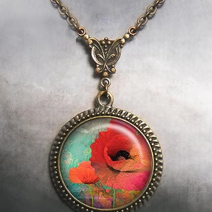 Art Nouveau Poppy necklace, Poppy art jewelry red poppy necklace remembrance jewelry Mother&#39;s Day gift for gardener gift for Leo