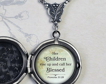 Her Children rise up and call her Blessed, Bible quote locket Proverbs 31:28 Christian gift for Mom Bible verse Mother's Day gift Q103