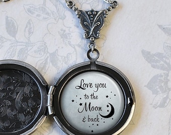 Love you to the Moon and Back quote locket, romantic gift for wife or girlfriend keepsake photo locket anniversary Valentine's Day gift Q73