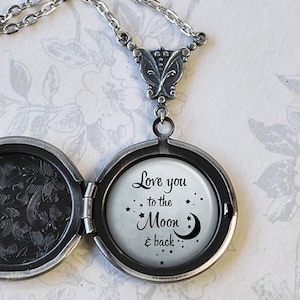 Love you to the Moon and Back quote locket, romantic gift for wife or girlfriend keepsake photo locket anniversary Valentine&#39;s Day gift Q73