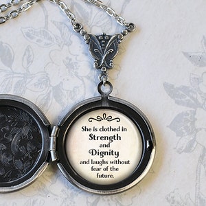 She is clothed in Strength and Dignity Bible verse locket, graduation gift Bible quote locket Proverbs 31:25 locket spiritual jewelry Q75