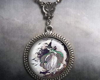 Antique Fairy Tale Witch Art Nouveau necklace, fairytale witch pendant, witch jewelry, witch jewellery, Halloween jewelry Wiccan jewelry G98