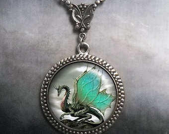 Jade Winged Dragon necklace, Dragon jewelry Art Nouveau dragon fantasy art jewelry dragon gift dragon fan gift