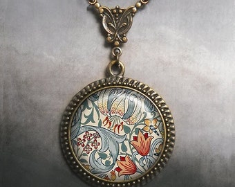 William Morris Lily and Tulips necklace, Art Nouveau necklace William Morris art gift Valentine gift gardening gift
