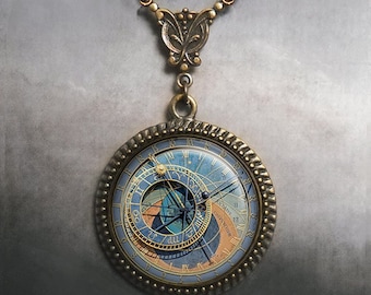 Art Nouveau Prague Astronomical Clock necklace, Orloj photo necklace, Steampunk jewelry, Steampunk astrology necklace travel gift G05