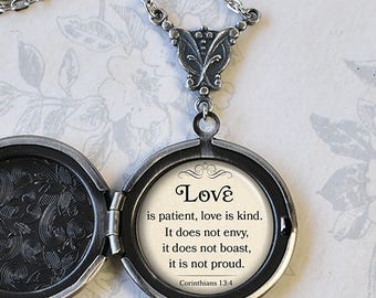 Love is Patient Love is Kind quote locket, wedding or anniversary gift romantic gift Bible quote locket quote jewelry wedding jewelry