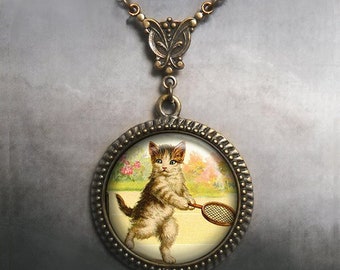 Tennis Kitten Art Nouveau necklace, tennis jewelry tennis gift tennis player necklace tennis player gift cat lover gift G286