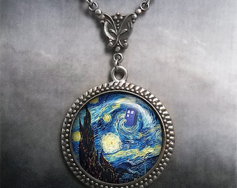 The Tardis and Van Gogh pendant, Tardis necklace, Dr Who necklace, Starry Night Tardis jewelry, Dr Who wedding gift wedding jewelry G39