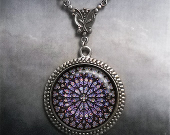Rose Window Art Nouveau necklace, Notre Dame Rose Window art pendant Catholic jewelry, Notre Dame, Paris necklace travel gift G18