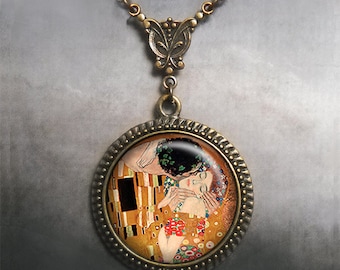 The Kiss, Gustav Klimt Art Nouveau necklace, Klimt art pendant romantic jewelry Valentine gift anniversary gift Valentine's Day jewelry G129
