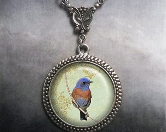 Art Nouveau Bluebird necklace, bluebird jewelry, bird pendant, bird watcher gift nature lover gift bird jewellery gift for her G212